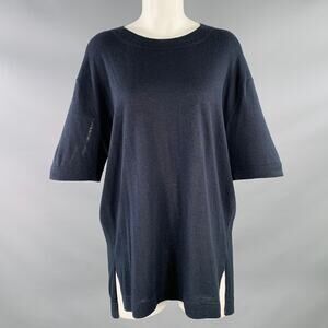 2 Navy Silk Cashmere Short Sleeve Crew Neck Oversized T-shirt Casual Top
